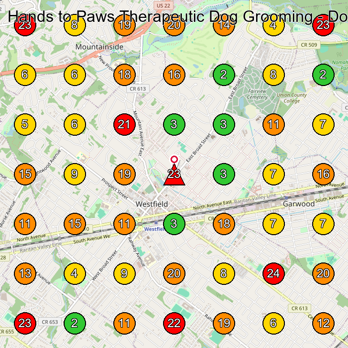 Hands to Paws Therapeutic Dog Grooming - Doggy Daycare Pet Groomer GeoGrid ranking map for Westfield NJ
